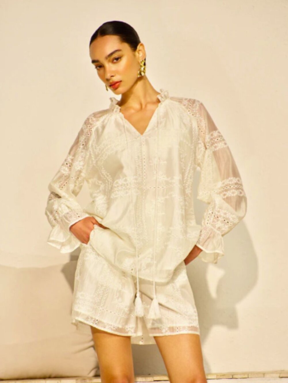 Commense 2pc Embroidery Detail Long Sleeve Shorts Set - Small